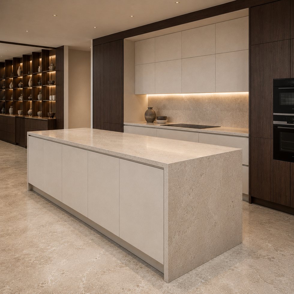 Warm Wood Framed Custom Kitchen Cabinets with Stone-Look Island