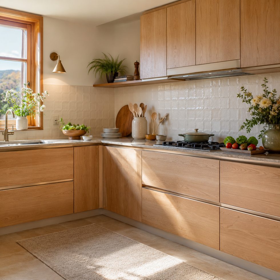 Warm Wood Grain Handleless L Shaped Kitchen Cabinets with Peninsula