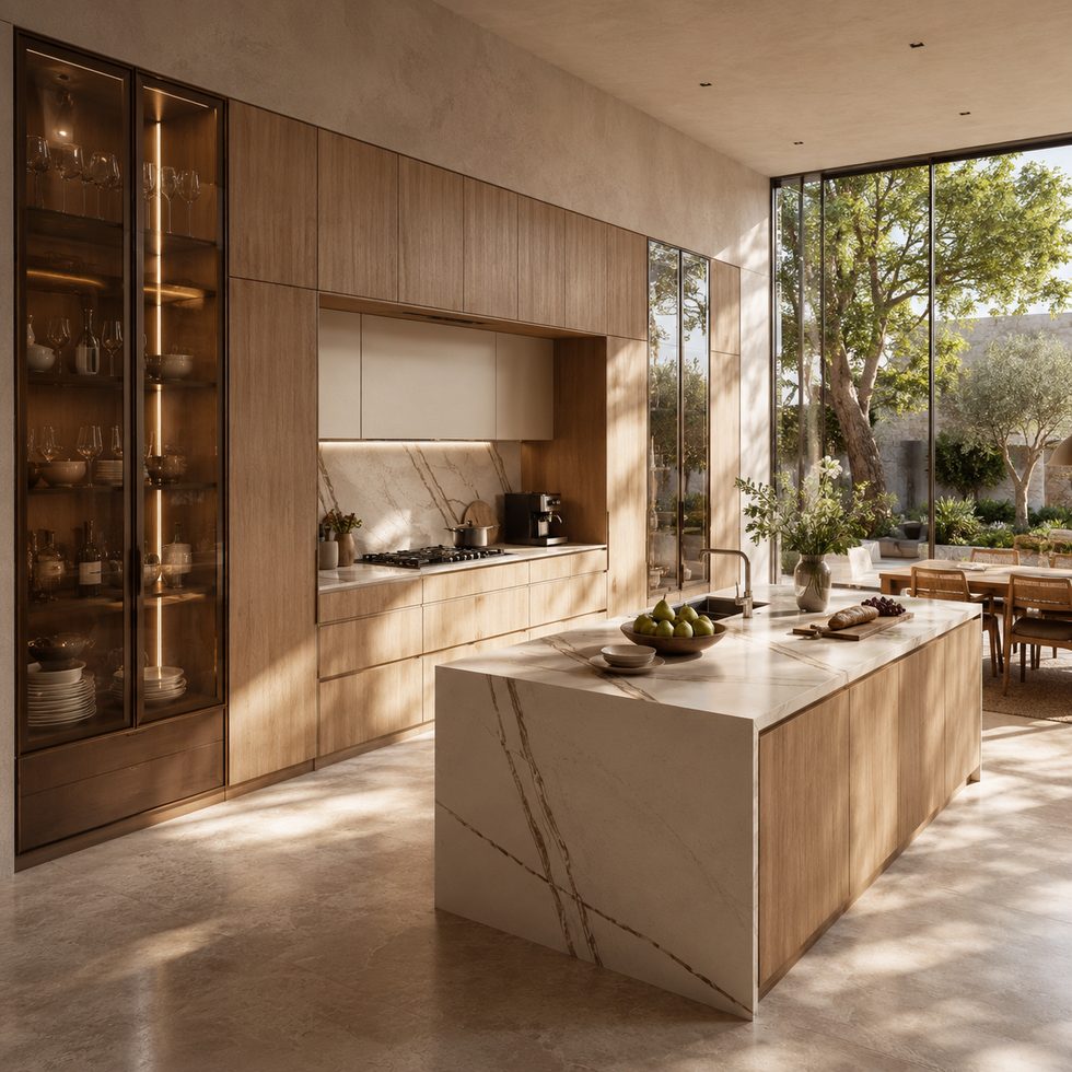 Warm Wood Grain Kitchen Cabinets With Glass Display Towers and Island