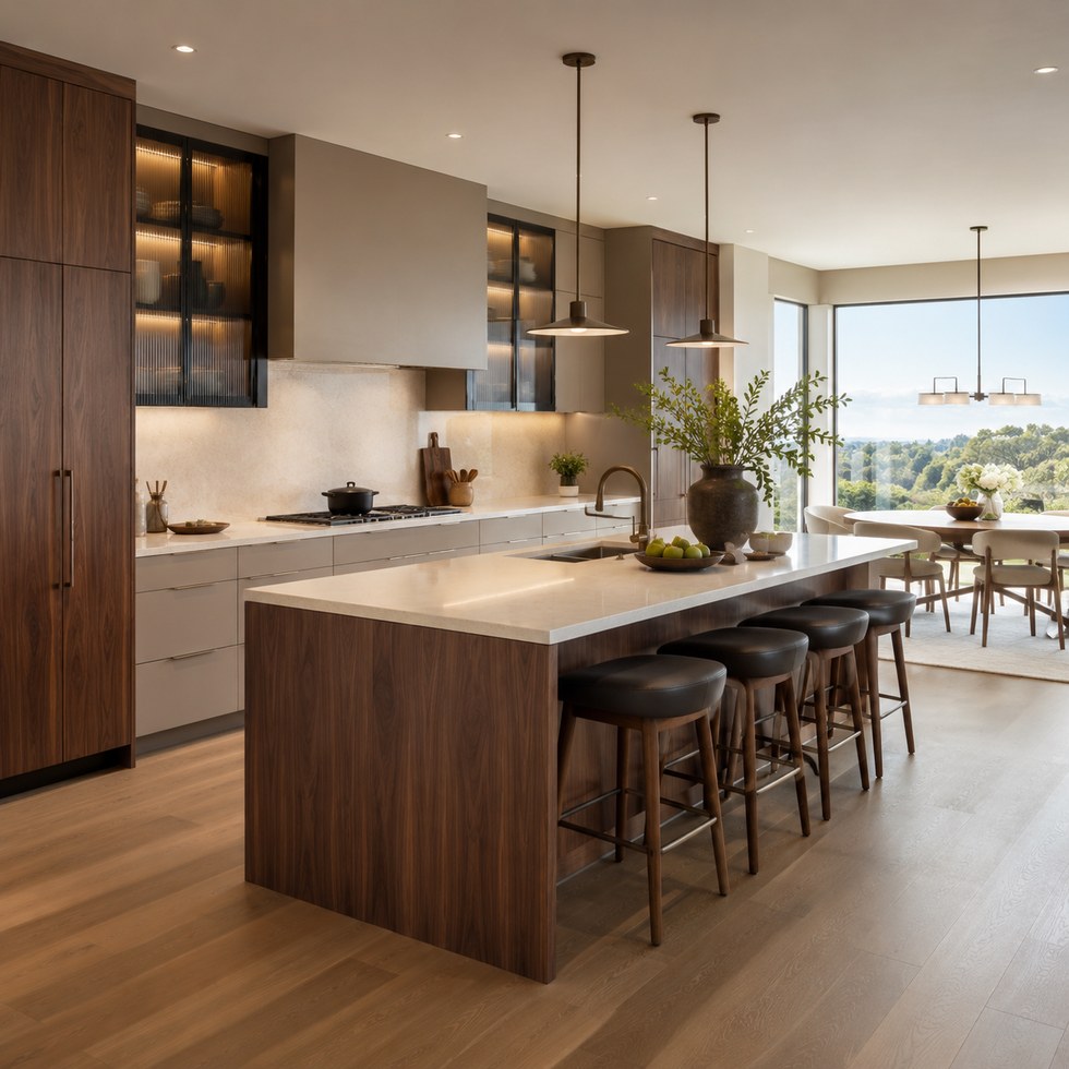Warm Wood Grain Kitchen Cabinets with Island and Smoked Glass Display Units
