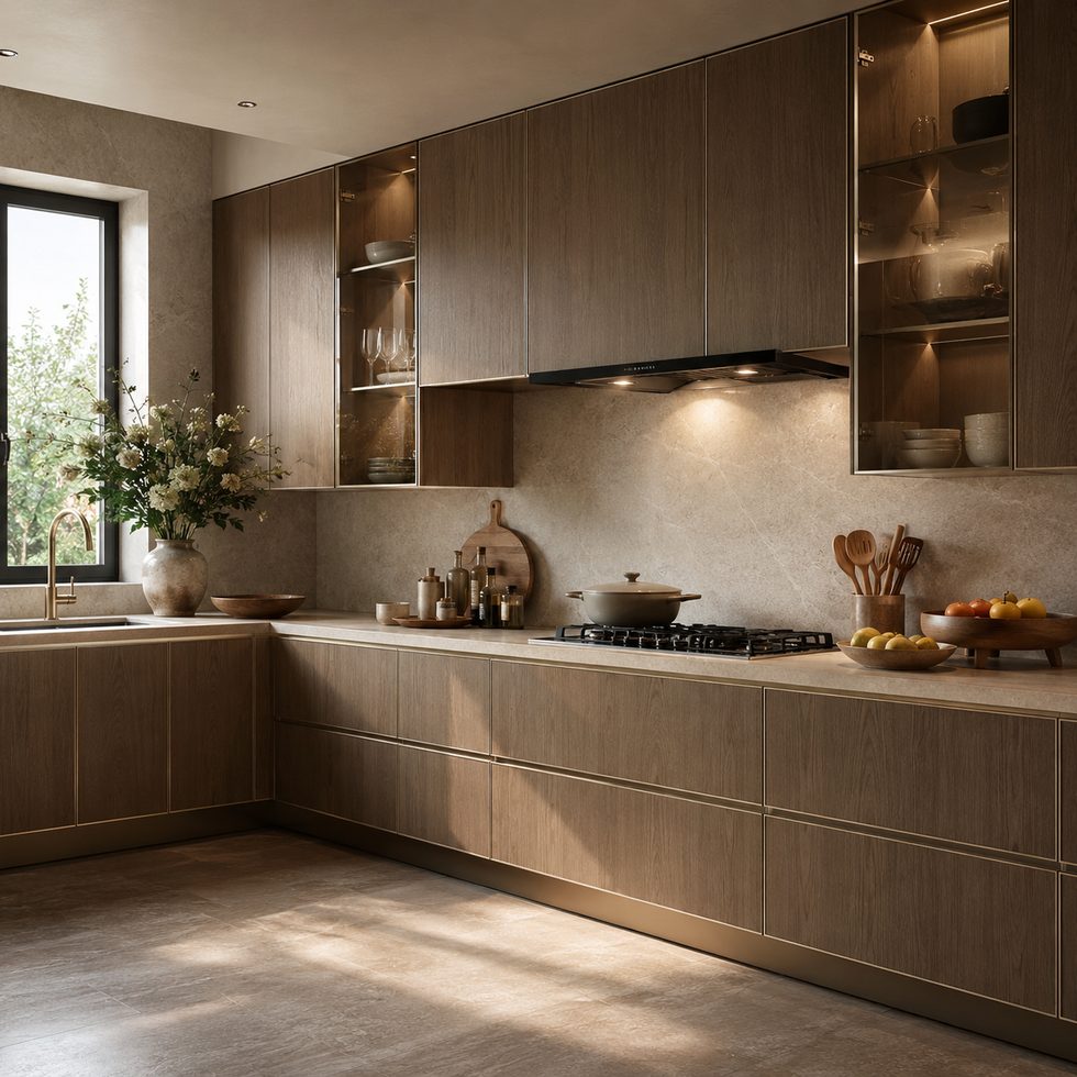 Warm Wood Grain Modern Kitchen Cabinets With Glass Display Sections