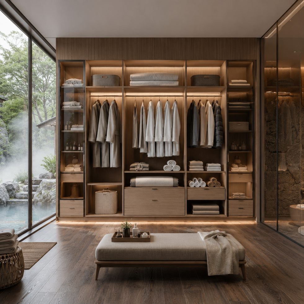 Warm Wood-Look Walk-In Closet Wardrobe With Open Shelves, Drawers and Glass-Framed Display Sections