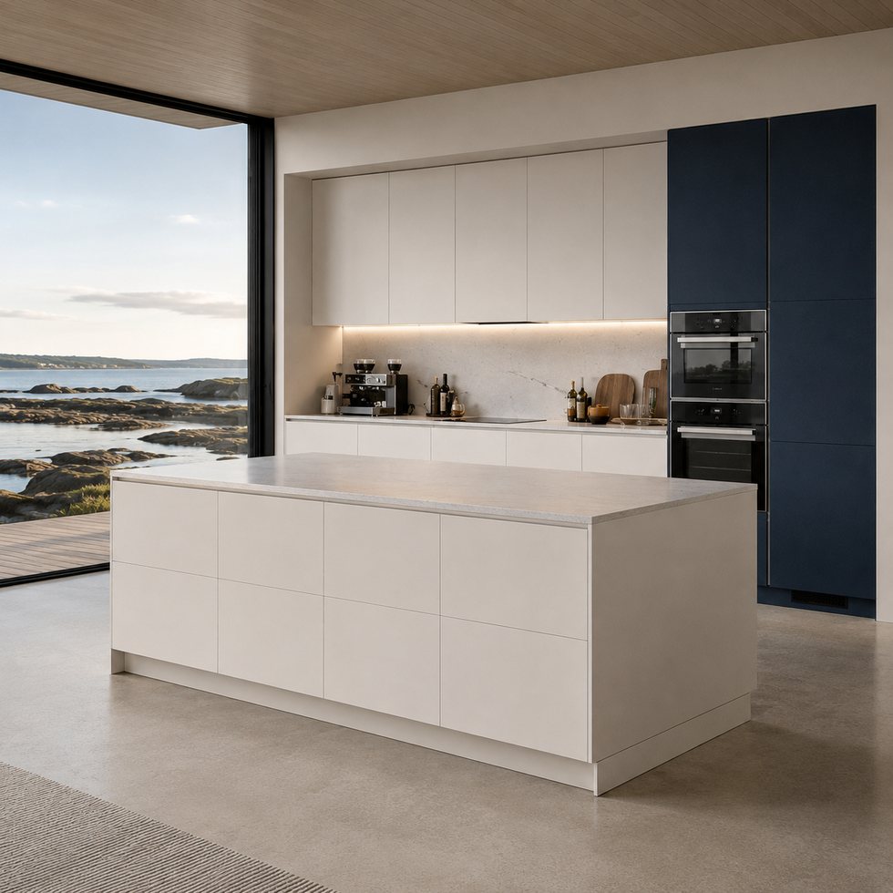 Waterline Blue Appliance Wall and Pale Linear Island Custom Kitchen Cabinets