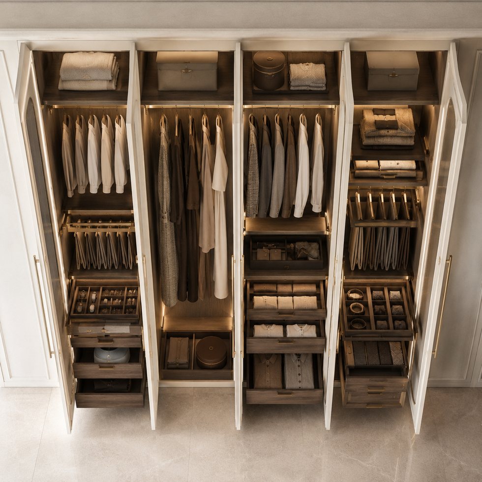 White Framed Custom Walk-In Closet Wardrobe with Open Hanging Modules and Shoe Drawers