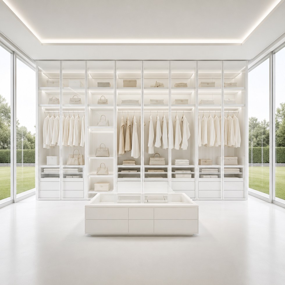 White Glass-Front Walk-In Closet Wardrobe with Lighted Shelves and Island Storage