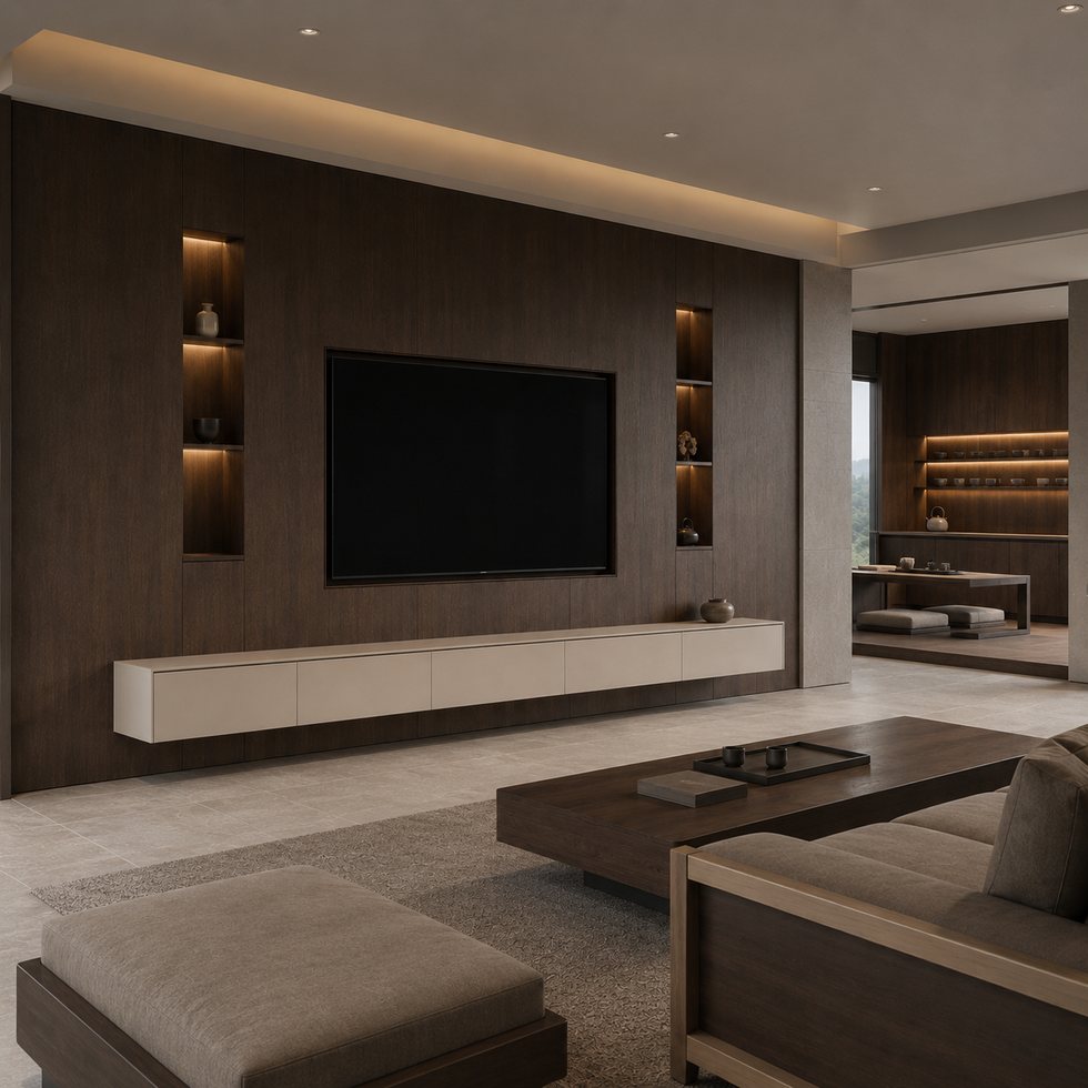 Wide Walnut Plane Custom TV Wall Panel Cabinet with Amber Niches and Floating Ivory Credenza