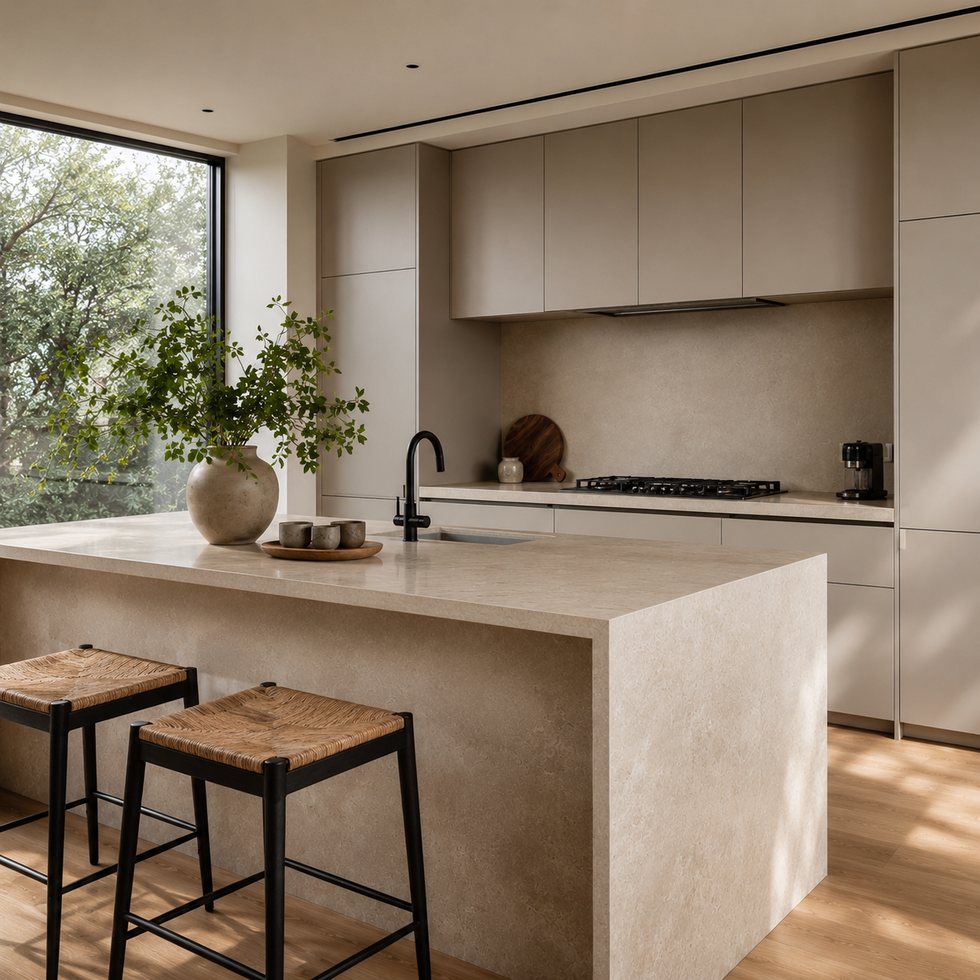 Window-Edge Limestone Island Custom Kitchen Cabinets with Recessed Pale Storage