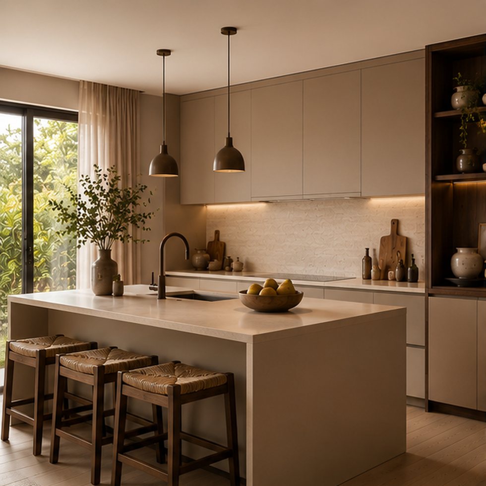 Window Nook Taupe Custom Kitchen Cabinets with a Lit Corner Display