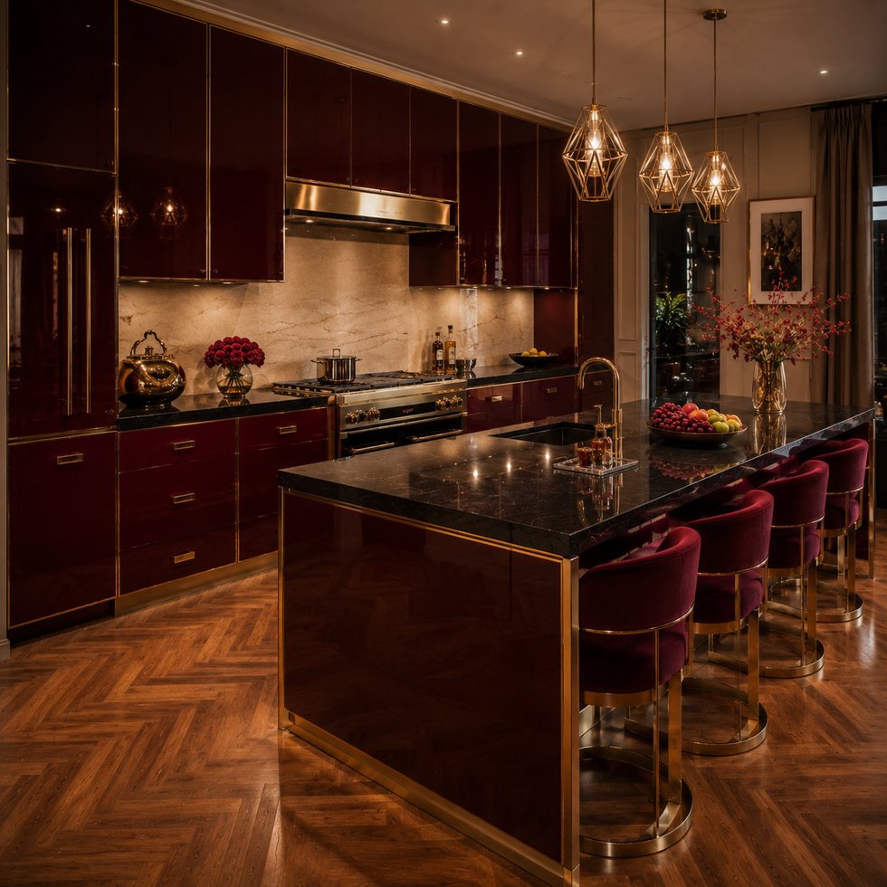 Wine Red Lacquer Custom Kitchen Cabinets with a Reflective Dark Bar Island