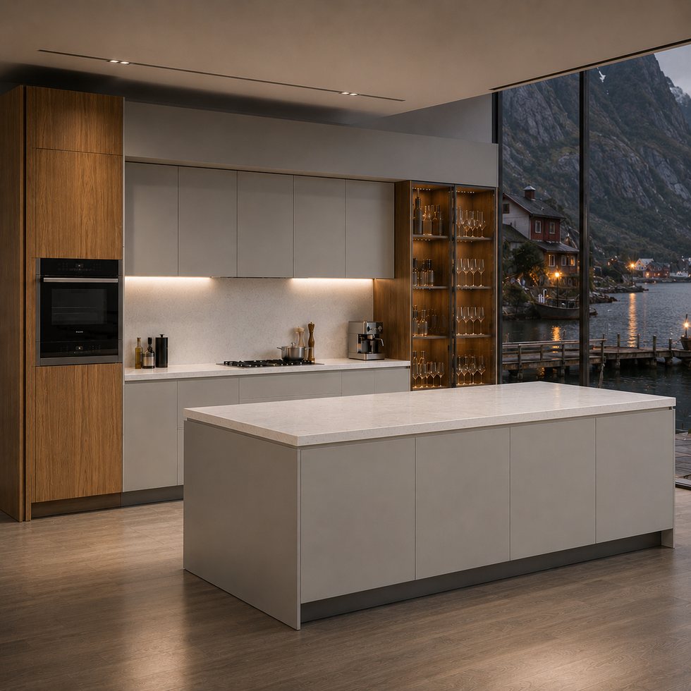 Wood Accent and Glass Display Custom Kitchen Cabinets with View