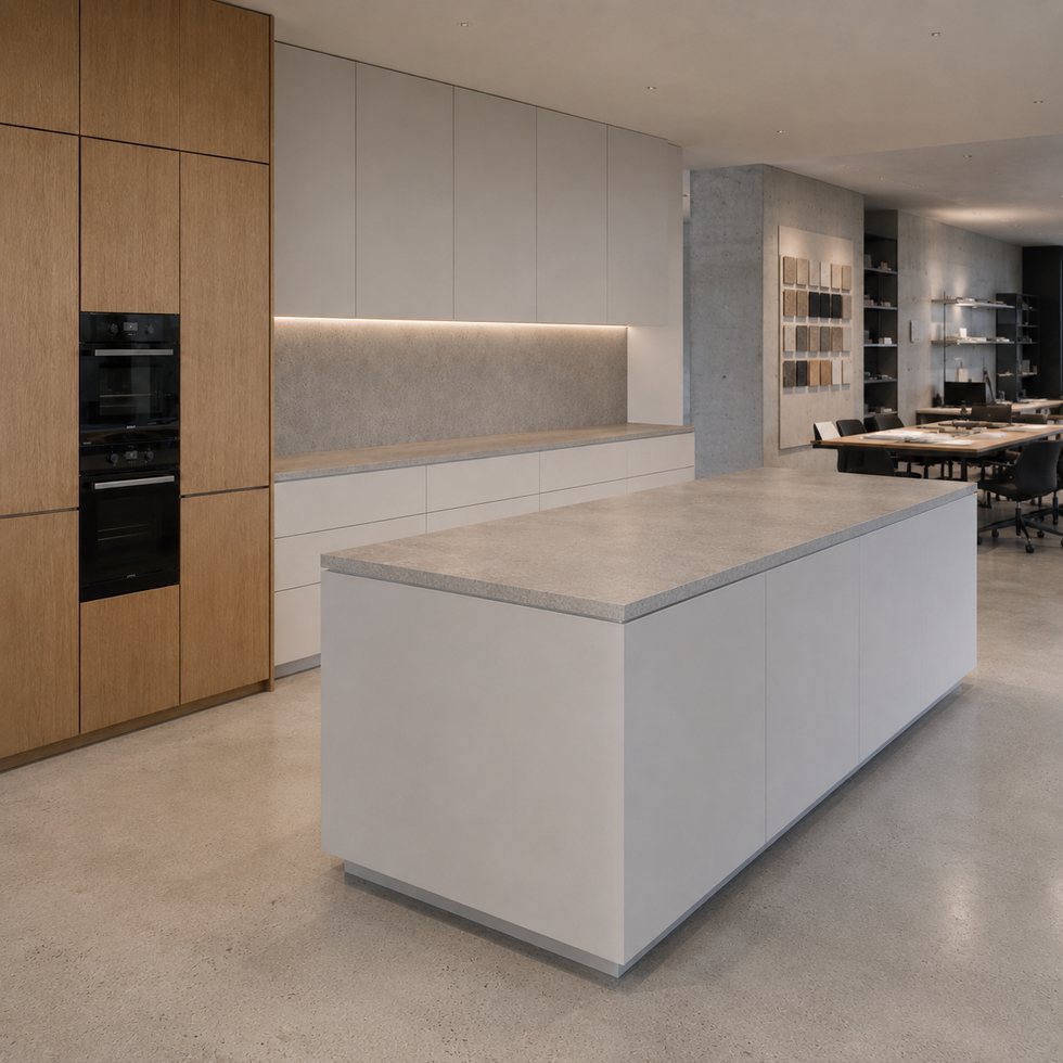 Wood-Tone Tall Unit Custom Kitchen Cabinets with Textured Island