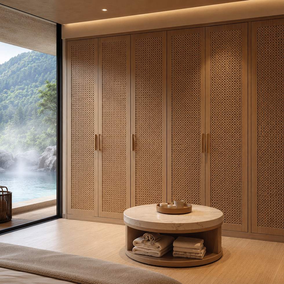 Woven Screen Custom Walk-In Closet Wardrobe with Cane-Pattern Doors and Curved Dressing Table